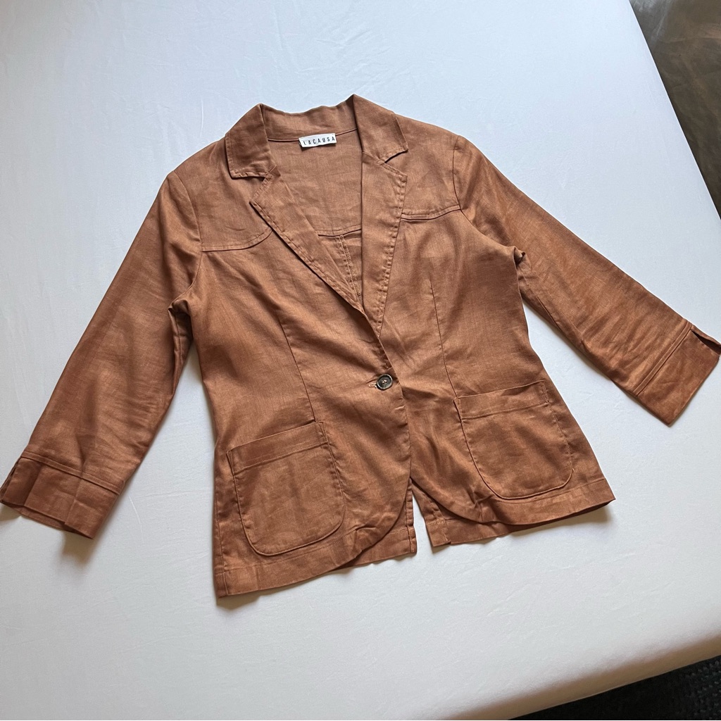 Lacausa Brown Rust Orange Linen Tencel Spandex Blend One Button Blazer Jacket